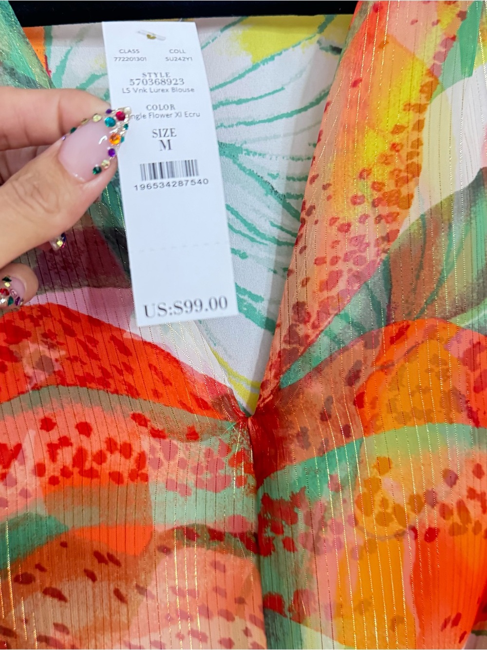White House Black Market V-Neck Sheer Floral Top - Orange, Green, Red, Cream - Picture 11 of 12